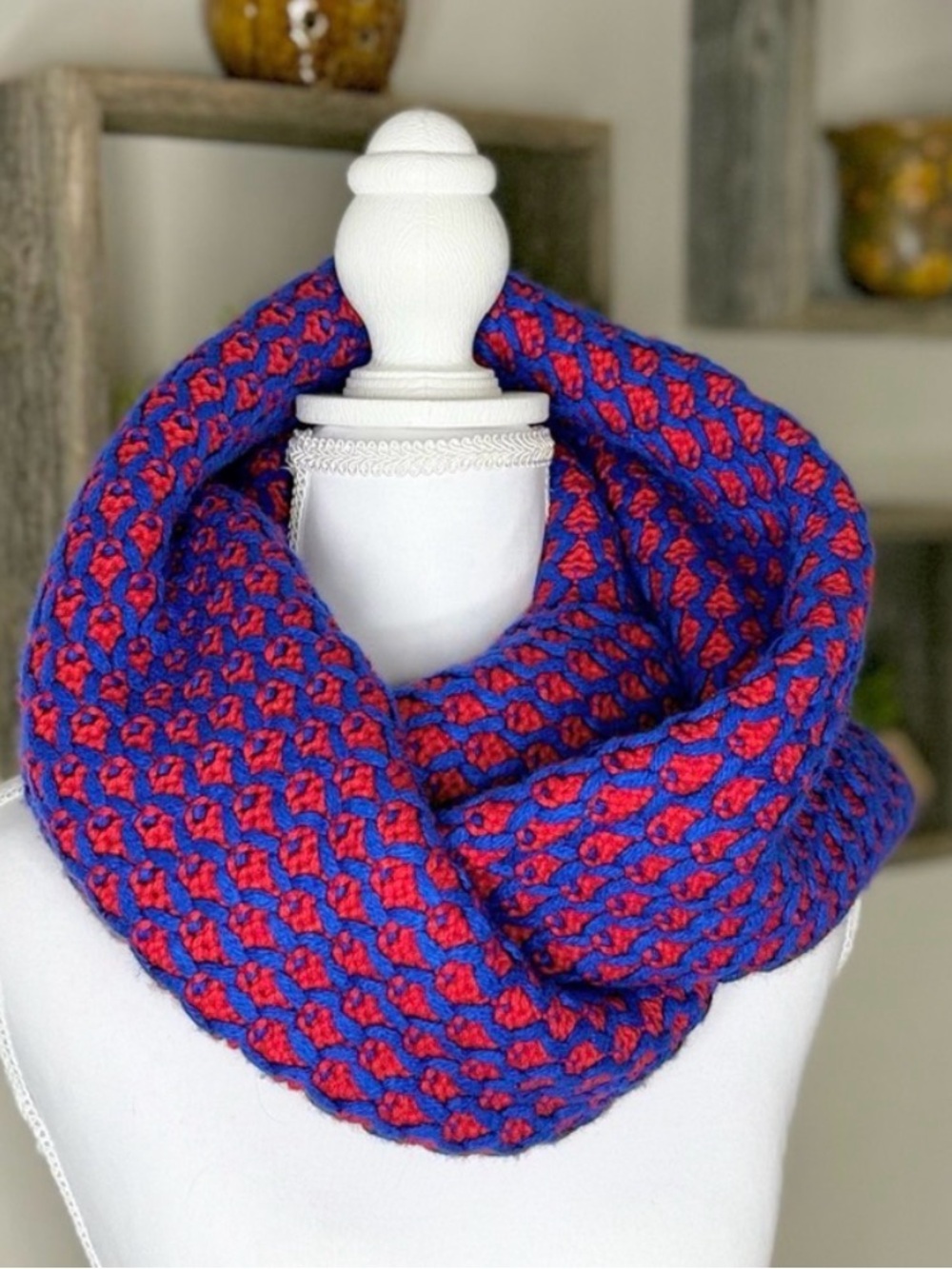 J Crew Infinity Scarf Red Blue Wool Cashmere Cherry Red Cobalt Blue